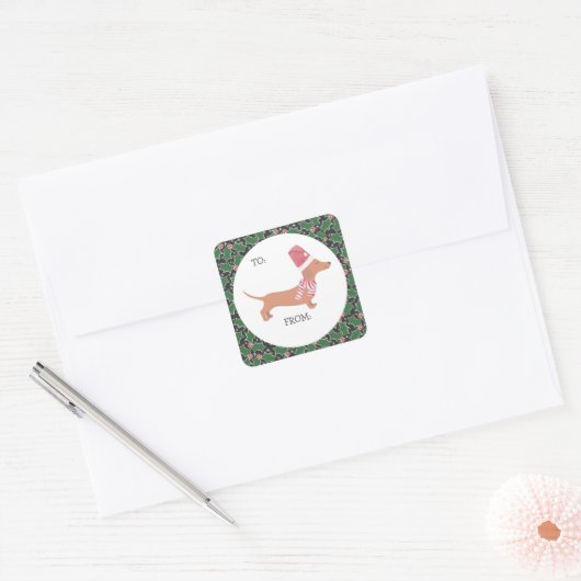 Cute Dachshund Kerstmis Vierkante Sticker (Envelop)