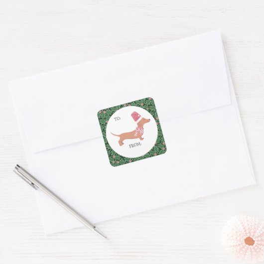 Cute Dachshund Kerstmis Vierkante Sticker (Envelop)