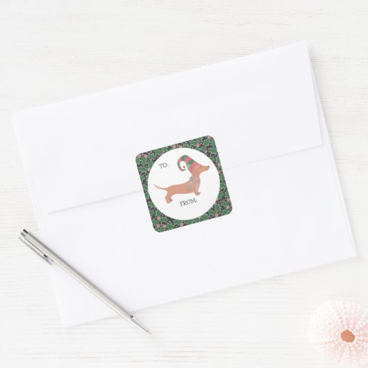 Cute Dachshund Kerstmis Vierkante Sticker (Envelop)