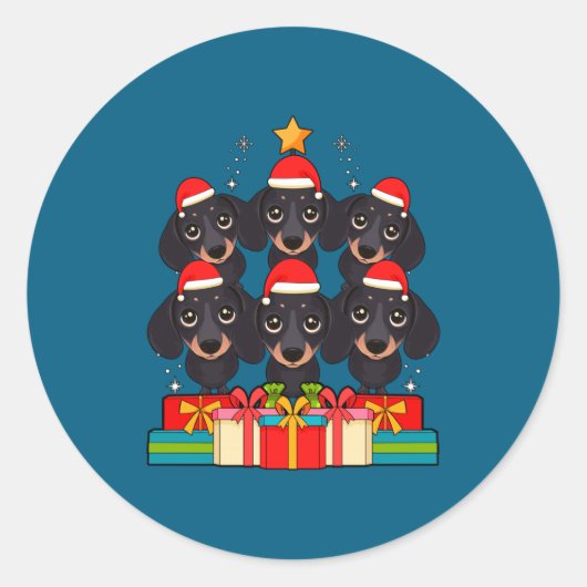 Cute Dachshund Le Doxie Christmas Tree Xmas Hat Lo Ronde Sticker (Voorkant)