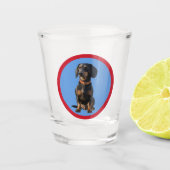 Cute Dachshund or Your Pet Face Photo on Blue Red  Shot Glas (Voorkant)