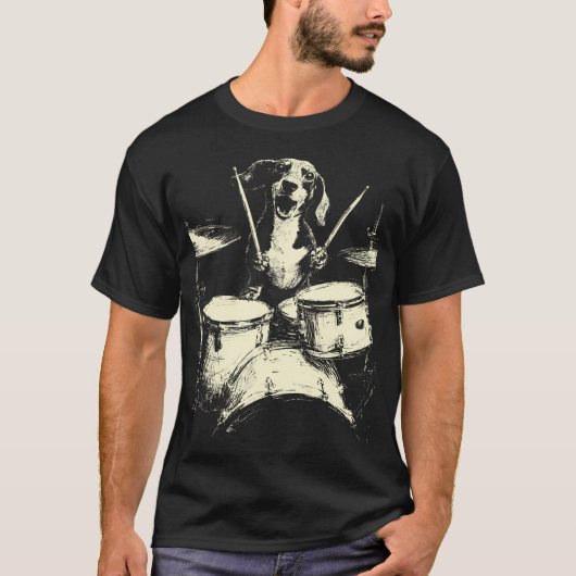 Cute Dachshund Playing Drums Funny Music Sausage D T-shirt (Voorkant)