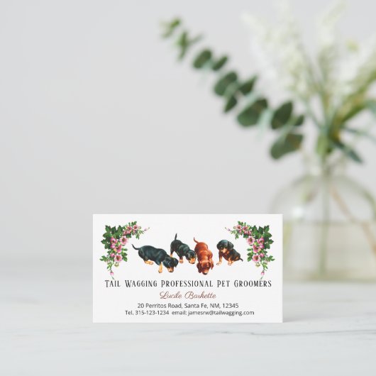 Cute Dachshund Puppies Pet Grooming Floral Visitekaartje (Staand voorkant)