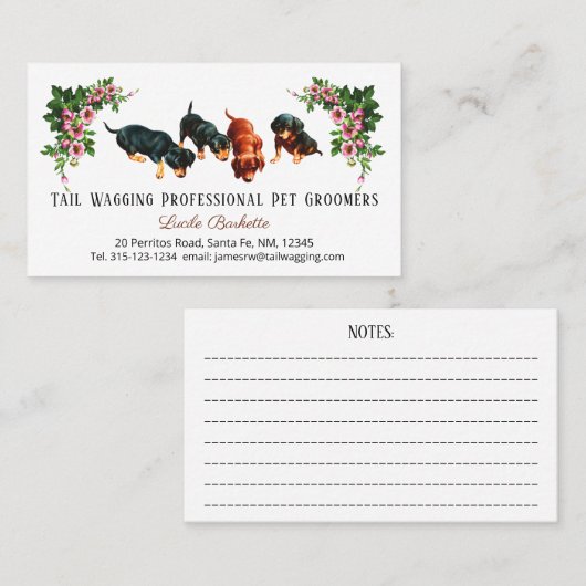 Cute Dachshund Puppies Pet Grooming Floral Visitekaartje (Voorkant / Achterkant)