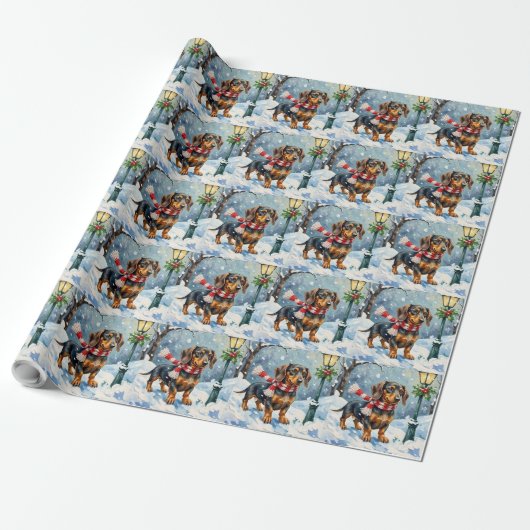 Cute Dachshund Puppy Cozy Winter Scarf Art Cadeaupapier (Uitgerold)