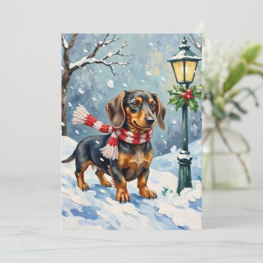 Cute Dachshund Puppy Cozy Winter Scarf Art Feestdagenkaart (Staand voorkant)
