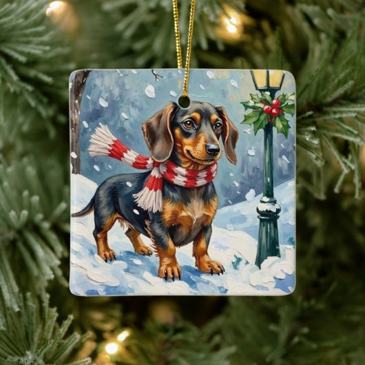 Cute Dachshund Puppy Cozy Winter Scarf Art Keramisch Ornament (Boom)