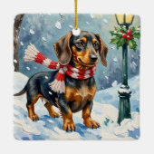 Cute Dachshund Puppy Cozy Winter Scarf Art Keramisch Ornament (Achterkant)
