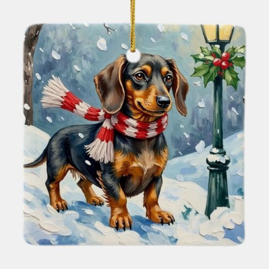 Cute Dachshund Puppy Cozy Winter Scarf Art Keramisch Ornament (Achterkant)