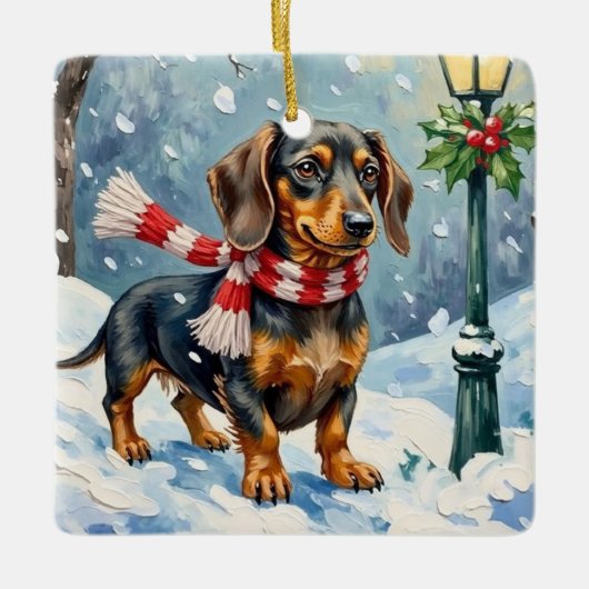 Cute Dachshund Puppy Cozy Winter Scarf Art Keramisch Ornament (Voorkant)