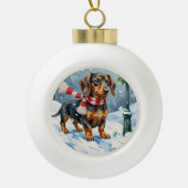 Cute Dachshund Puppy Cozy Winter Scarf Art Keramische Bal Ornament (Voorkant)