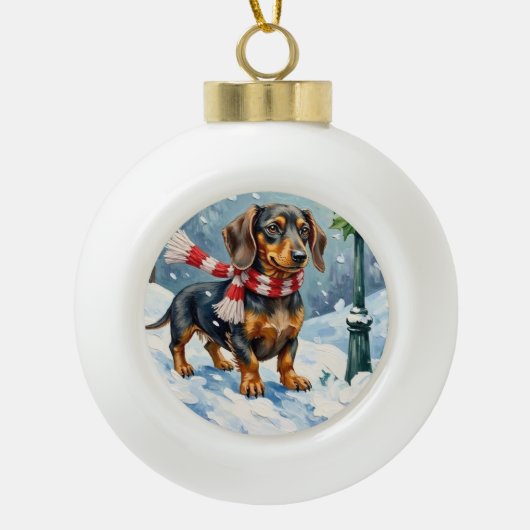 Cute Dachshund Puppy Cozy Winter Scarf Art Keramische Bal Ornament (Voorkant)