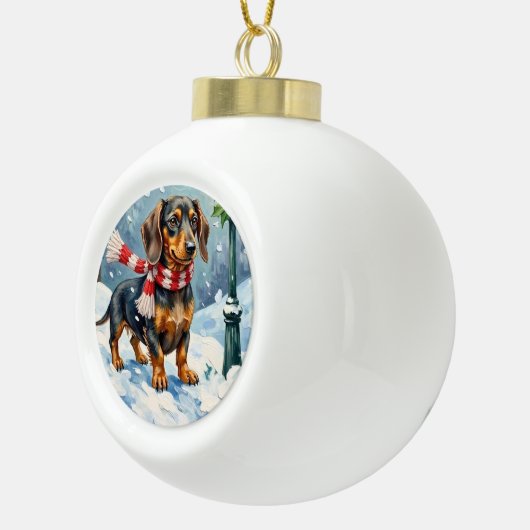 Cute Dachshund Puppy Cozy Winter Scarf Art Keramische Bal Ornament (Rechts)