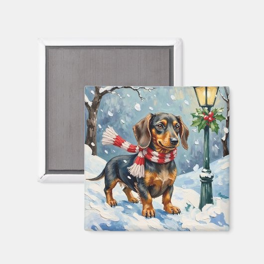 Cute Dachshund Puppy Cozy Winter Scarf Art Magneet (Voorkant / Achterkant)