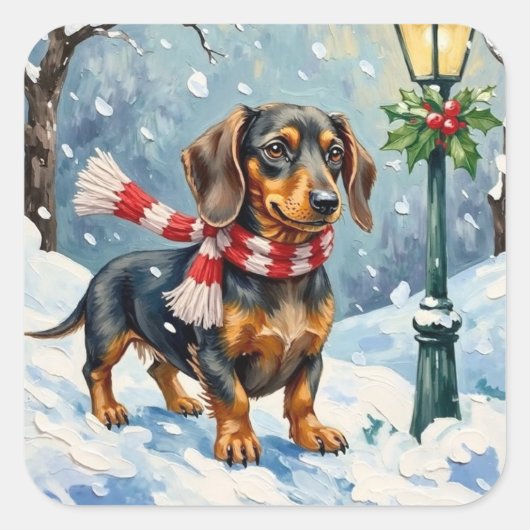Cute Dachshund Puppy Cozy Winter Scarf Art Vierkante Sticker (Voorkant)