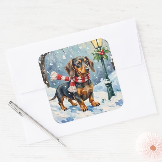 Cute Dachshund Puppy Cozy Winter Scarf Art Vierkante Sticker (Envelop)