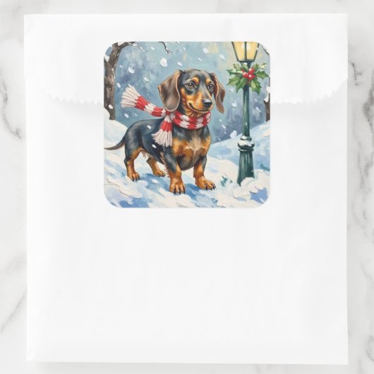 Cute Dachshund Puppy Cozy Winter Scarf Art Vierkante Sticker (Tas)