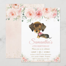 Cute Dachshund Puppy Dog Pink Floral Girl Birthday