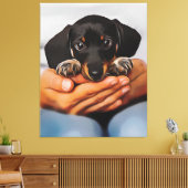 Cute Dachshund Puppy Lying On Human Knees Xmas Pos Canvas Afdruk (Insitu (Woonkamer))