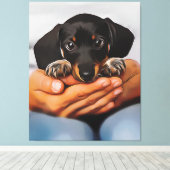 Cute Dachshund Puppy Lying On Human Knees Xmas Pos Canvas Afdruk (Insitu (Houten vloer))