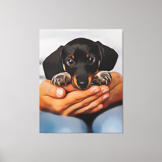 Cute Dachshund Puppy Lying On Human Knees Xmas Pos Canvas Afdruk (Voorkant)