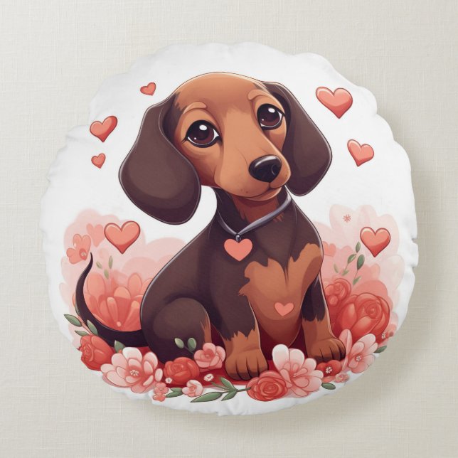 Cute Dachshund Puppy met hart Rond Kussen (Voorkant)