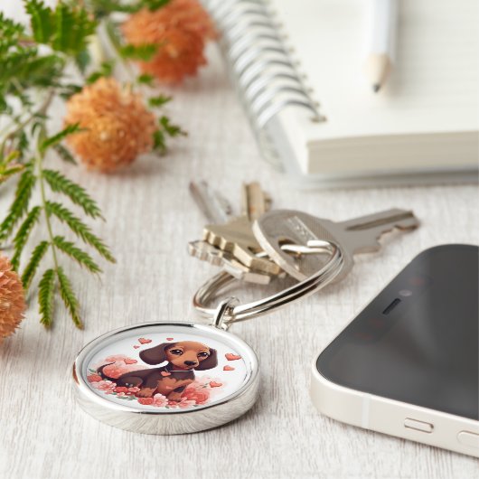 Cute Dachshund Puppy met hart Sleutelhanger (Zijkant)