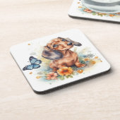 Cute Dachshund Puppy Waterverf Bier Onderzetter (Linkerzijde)