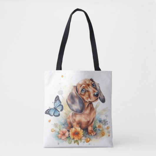Cute Dachshund Puppy Waterverf Tote Bag (Voorkant)