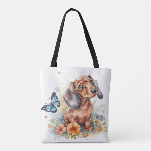 Cute Dachshund Puppy Waterverf Tote Bag (Achterkant)