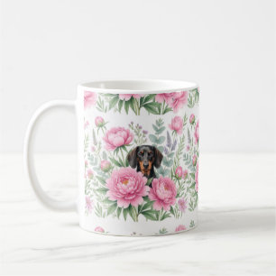 Cute Dachshund Roze Pioen Bloem Coffee Mok