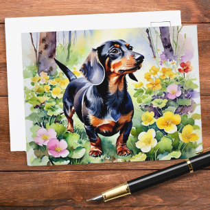 Cute Dachshund Worstelhond Lente Sleutelbloem Bloe Briefkaart