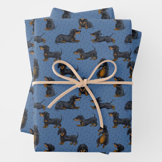 Cute Dachshunds Pattern met Blue Background Inpakpapier Vel (In situ)