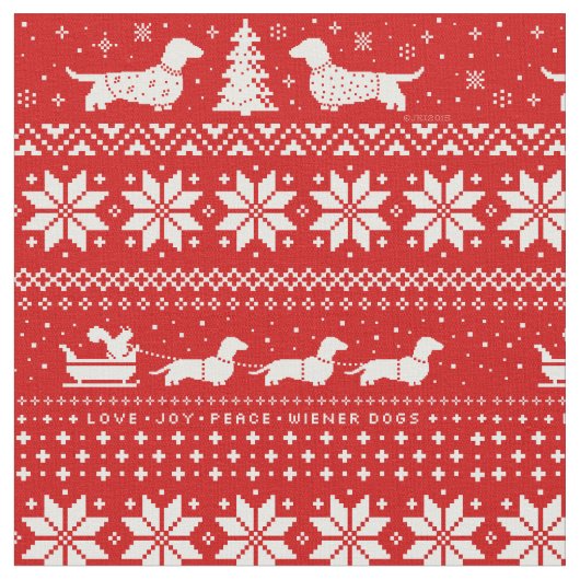 Cute Dachshunds with Kerstfeestay Red Pattern Stof (Close Up)