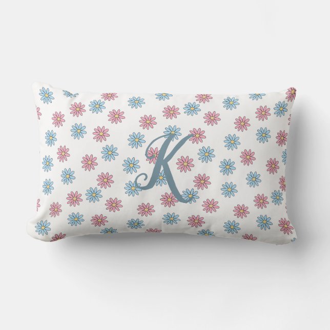 Cute Dainty Pink Blue Daisy Flower Floral Monogram Kussen (Voorkant)