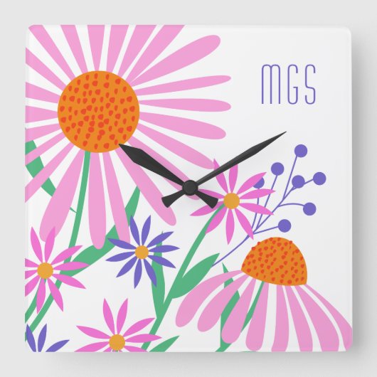 Cute Daisies aangepaste monogram klok (Voorkant)
