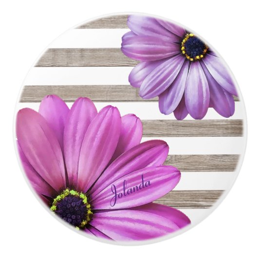Cute Daisies Wood White Stripes Voeg naam toe Keramische Knop (Voorkant)