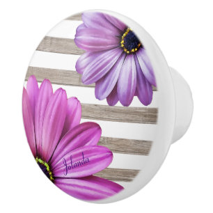 Cute Daisies Wood White Stripes Voeg naam toe Keramische Knop
