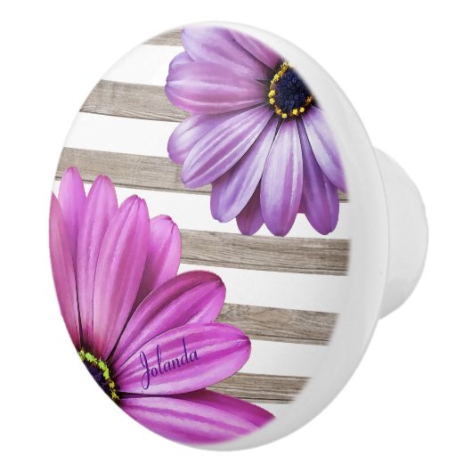 Cute Daisies Wood White Stripes Voeg naam toe Keramische Knop (Rechts)