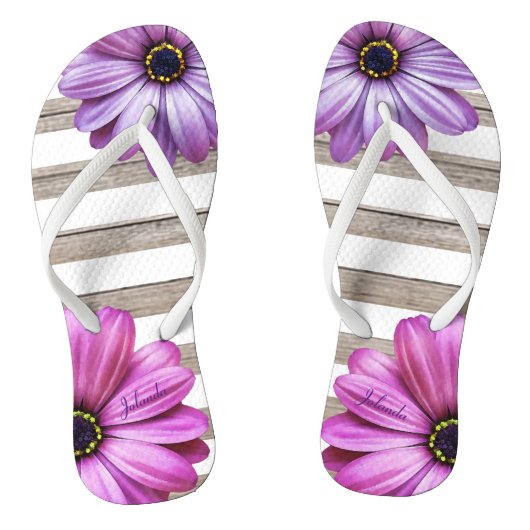 Cute Daisies Wood White Stripes Voeg naam toe Teenslippers (Voetbed)