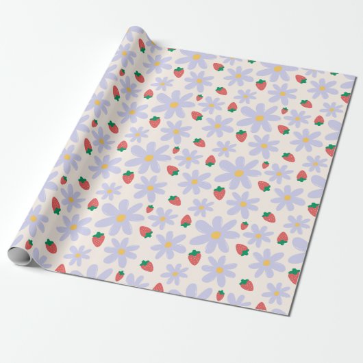 Cute Daisy and Strawberry Pattern Cadeaupapier (Uitgerold)