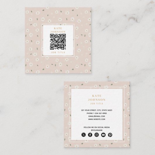 Cute Daisy Floral Blossoms & Greenery Florist Vierkante Visitekaartje (Voorkant / Achterkant)