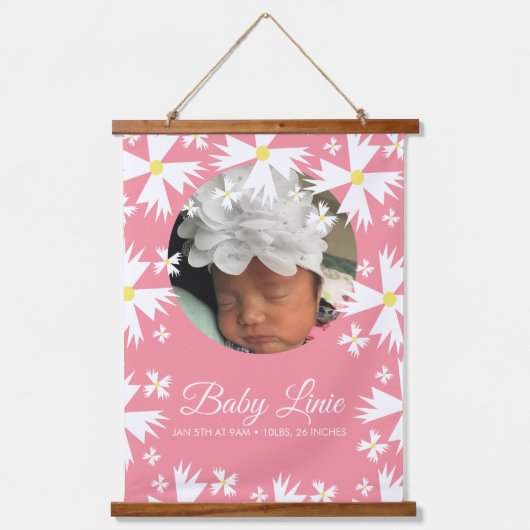 Cute Daisy Florals Border Fotoaankondiging Baby Hangend Wandkleed (Voorkant)