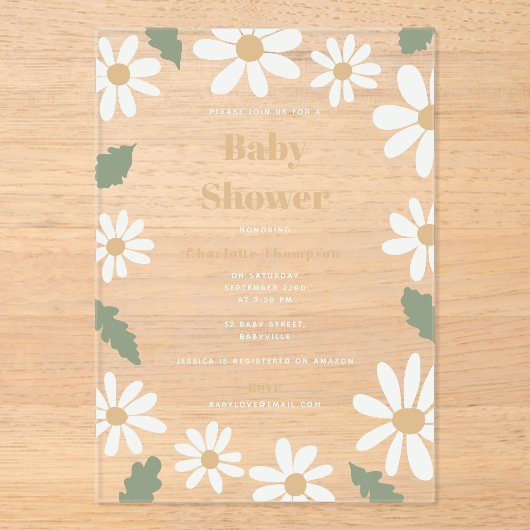Cute Daisy Flower Baby Shower Girl Pink Acryl Uitnodigingen (Voorkant)