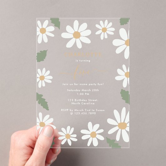 Cute Daisy Flower Birthday Party Girl Pink Acryl Uitnodigingen (Insitu (Draagbaar))