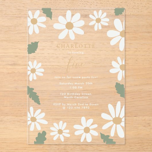 Cute Daisy Flower Birthday Party Girl Pink Acryl Uitnodigingen (Voorkant)