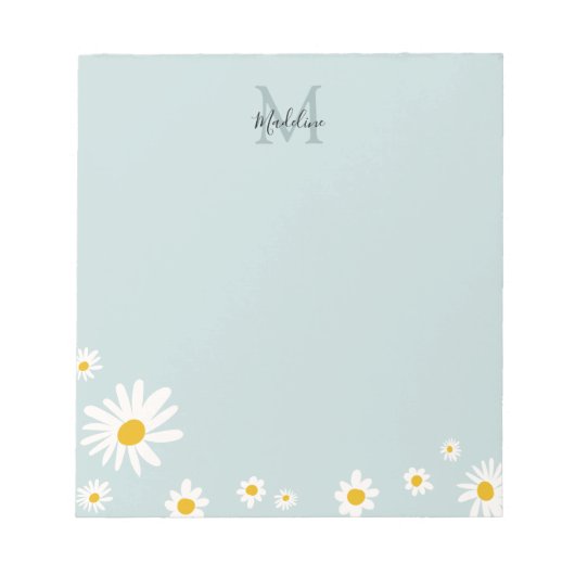 Cute Daisy Flower Modern Blauwgroen Monogram Notitieblok (Voorkant)
