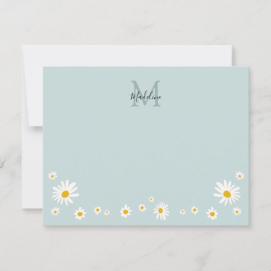 Cute Daisy Flower Modern Blauwgroen Monogram Notitiekaartje (Voorkant)