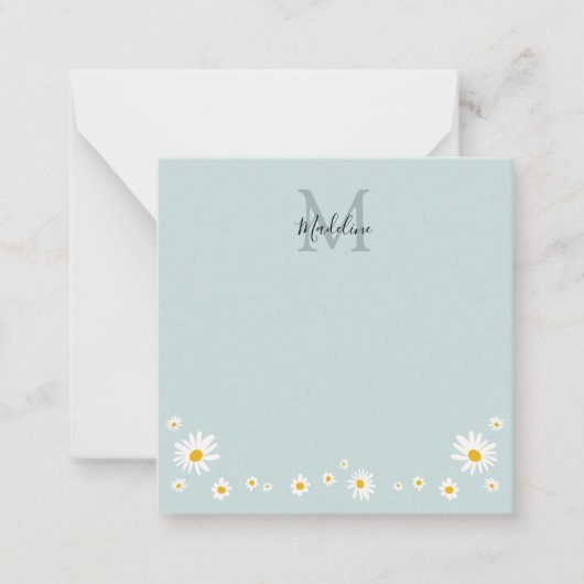 Cute Daisy Flower Modern Teal Monogram Square Notitiekaartje (Voorkant)