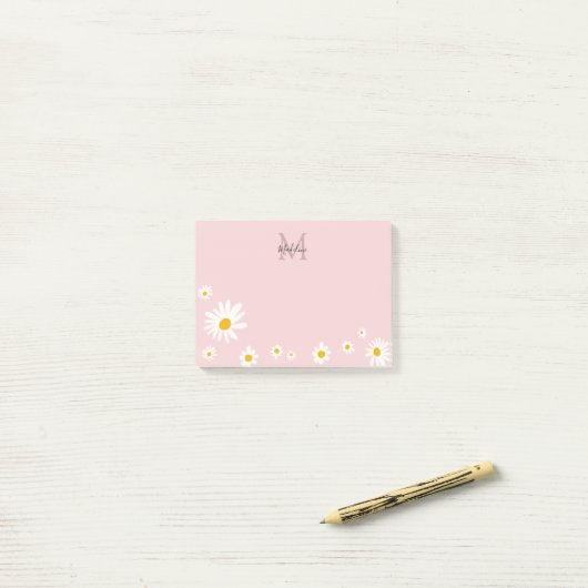 Cute Daisy Flower Pink Modern Monogram Post-it® Notes (Op bureau)